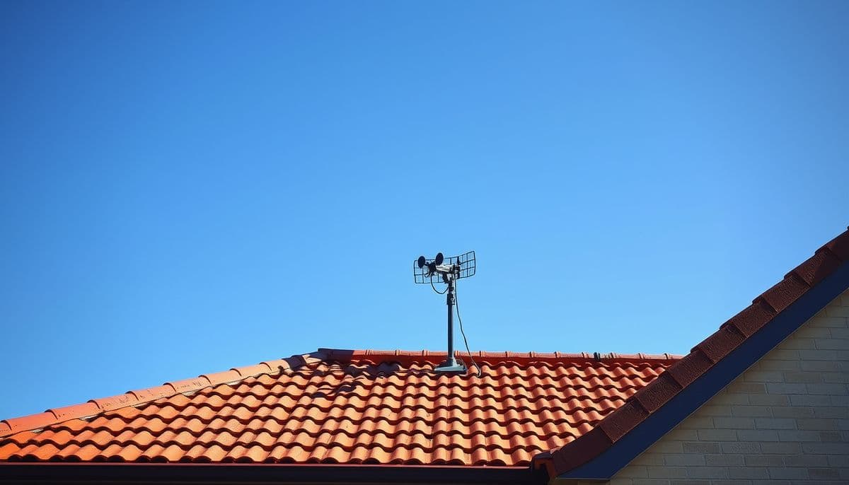 Digital TV antenna on a tiled roof against a blue sky
