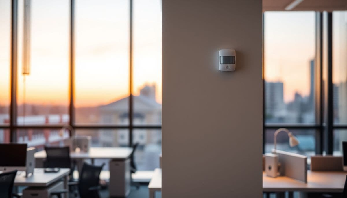 Modern security alarm keypad mounted beside a commercial office entrance