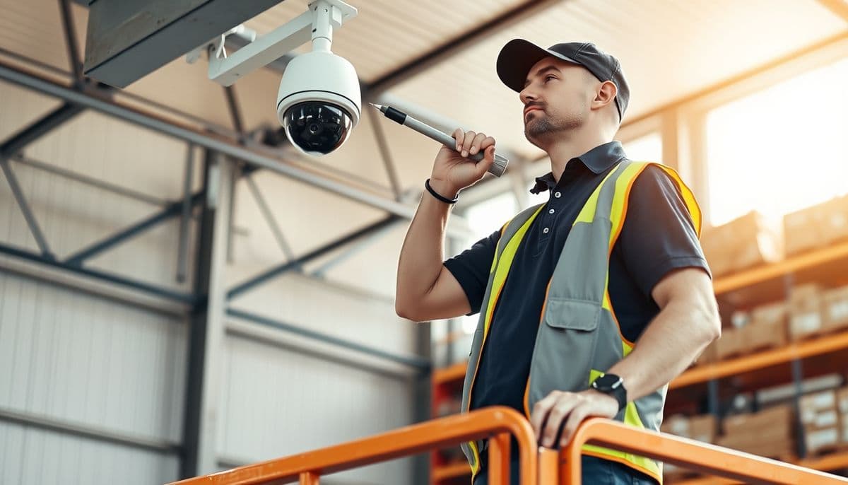 White 4K dome CCTV camera on a warehouse beam above neat cable tray, part of a CCTV installation in Sydney