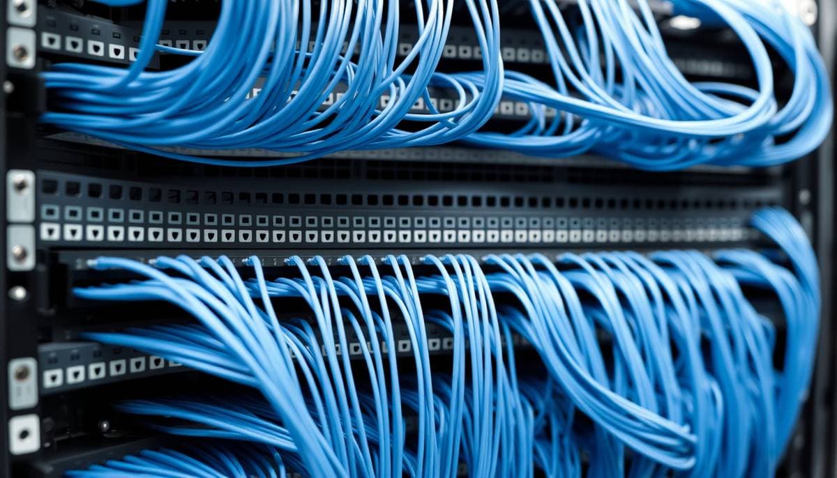 Neatly dressed server rack with labelled Cat6 patch leads and fibre panel