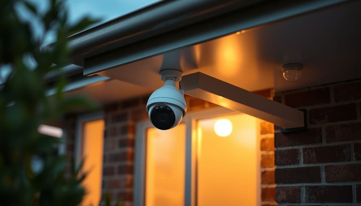 White security camera mounted under the eave of a modern Sydney family home at dusk