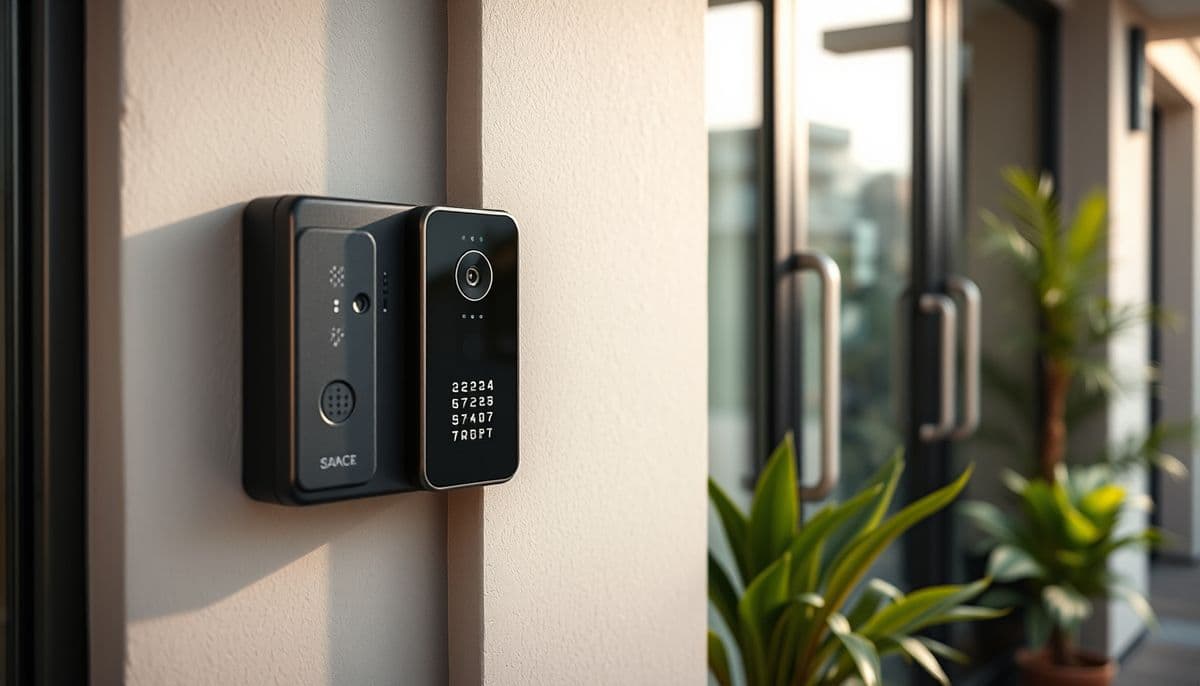 Modern video intercom panel with camera beside the entrance of a Sydney apartment building
