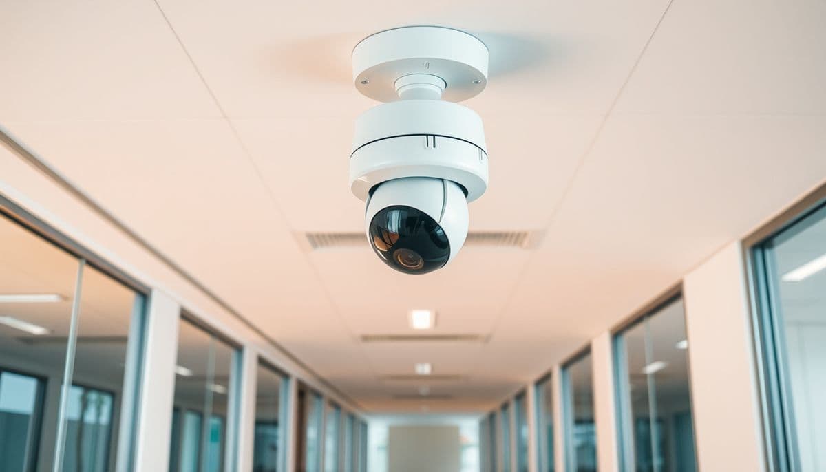 White dome security camera fixed to a ceiling