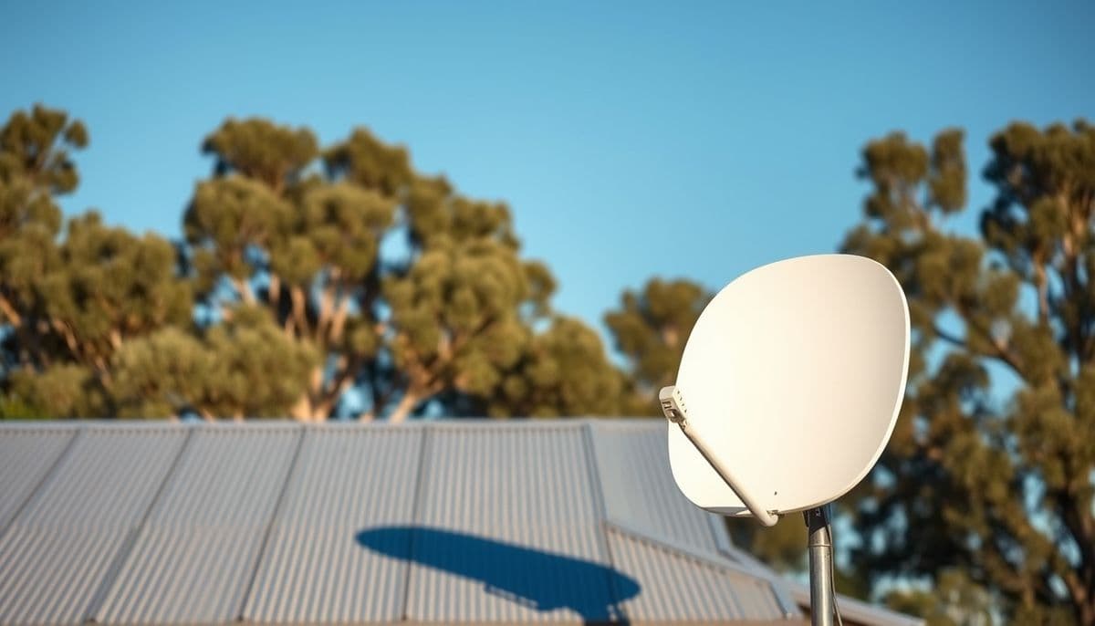 Satellite internet dish mounted on a pole beside a rural Australian roofline
