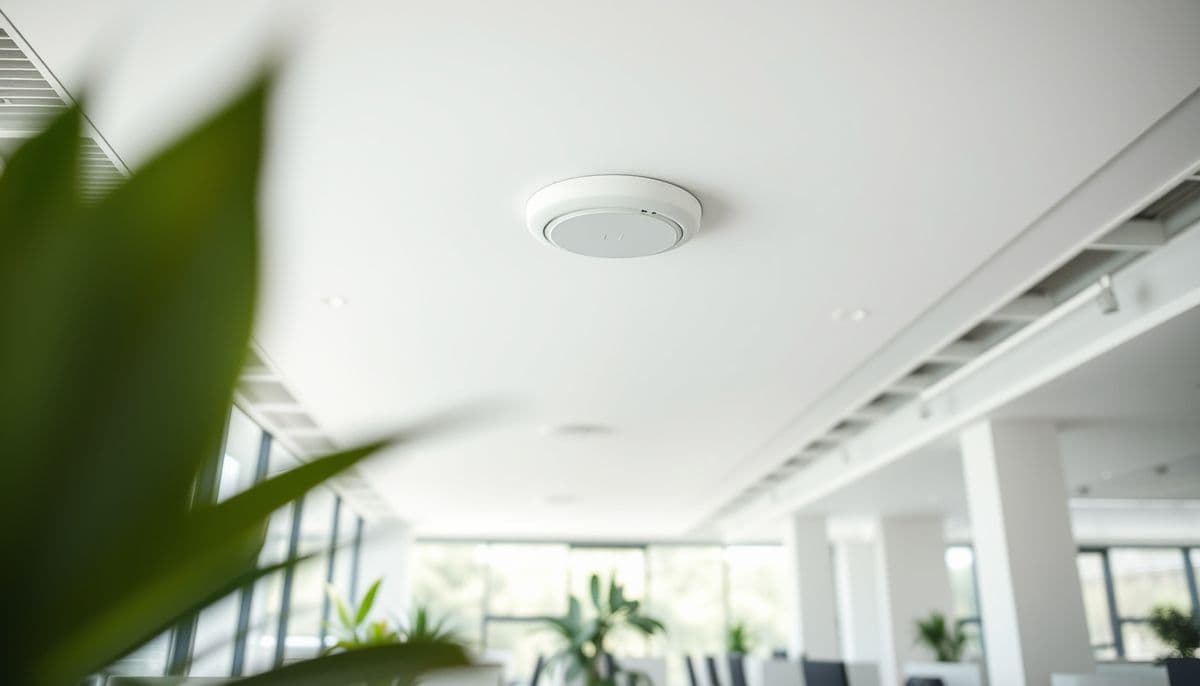Ceiling-mounted wireless access point in a modern open-plan office